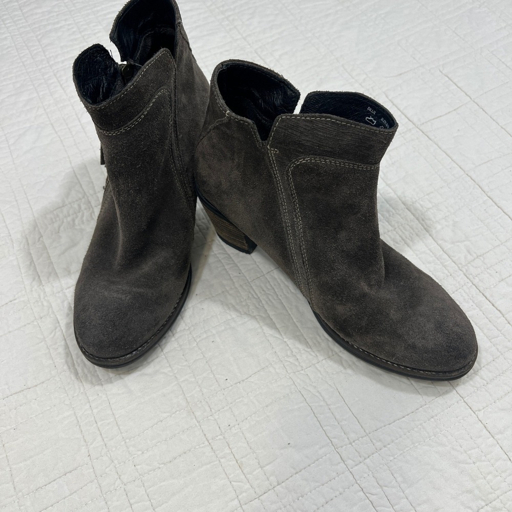 Taos Dillie Suede Ankle Boots Brown Taupe Leather Lined Block Heel Womens 7-7.5